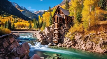 Historic wooden powerhouse called the Crystal Mill in Colorado with colorful autumn colors. - obrazy, fototapety, plakaty