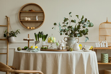 Warm and spring dining room interior with easter accessories, shelf on wall, round table, vase with...