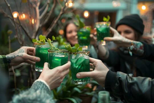 Cheers to Friends Celebrating St Patrick's Day with Green Cocktails!. Concept St Patrick's Day, Green Cocktails, Friends Celebrating, Party Theme, Festive Drinks - Powered by Adobe