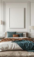 The interior view of the bedroom with the mock-up of the frame on the wall.