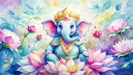 Watercolor painting of Ganesha with a crown and lotus flowers.