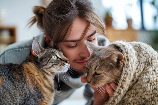 A rugged man, his face adorned with a playful grin, cradles two fluffy felines in his arms while standing in a lush outdoor setting, his clothing and the cats' whiskers contrasting against the verdan