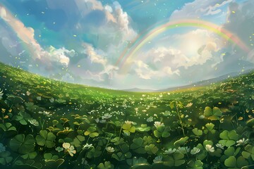 A backdrop of a clover field leading to the end of a rainbow and a pot of gold. Concept Nature Photography, Fantasy Elements, Colorful Composition