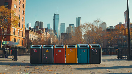 Several garbage cans in a city. In the background you can see the skyscrapers. - obrazy, fototapety, plakaty