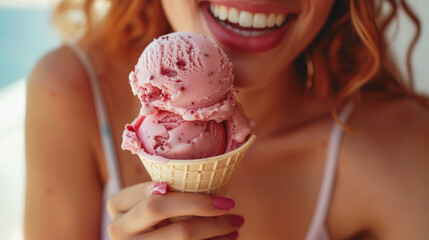 Close Up of Young Smiling Woman Enjoying Raspberry Sorbet or Ice Cream in Cone on Summer Day.