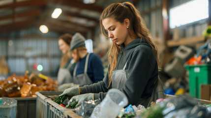 young woman sorting plastic waste in a warehouse