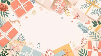 A background with illustrations of gift boxes, ribbons, and greeting cards. with text space can be in with shape of a gift box