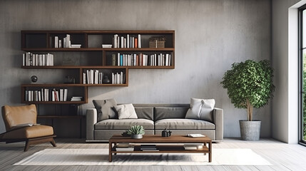 modern aesthetic living room interior and bookshelves generative ai - obrazy, fototapety, plakaty