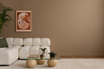 Minimalist styling of living room interior with modular white sofa, mock up poster frame, design...