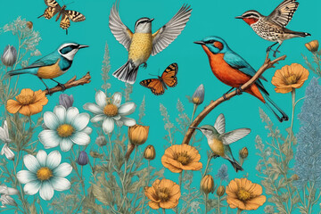 Obraz premium Hand drawn color blooming flowers, butterflies, birds on turquoise background. Generative Ai
