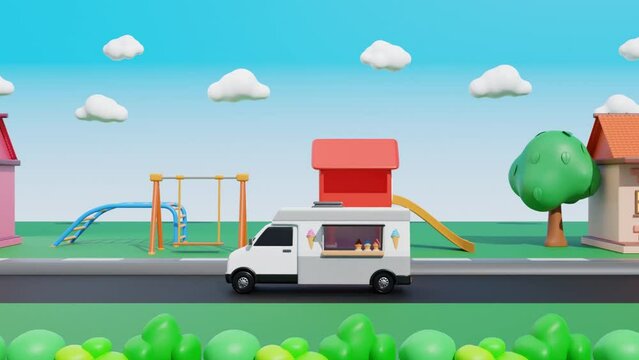 3D Animation of a Cartoon-Style Ice Cream Truck in a Cheerful Background. 3D Animation