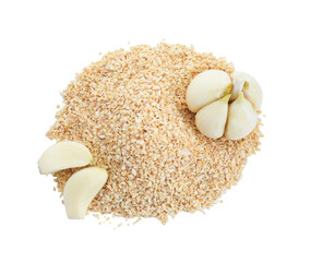 Heap of dehydrated garlic granules and peeled cloves isolated on white, top view