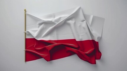 Draped national flag of Poland with textured fabric showcasing patriotic pride. Polish red and white flag with folds representing national heritage and culture.