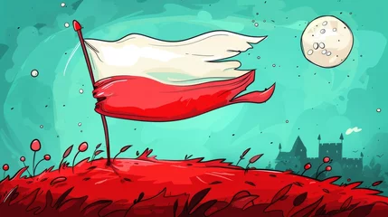  Whimsical illustration of the Polish flag with a fairytale moon in the backdrop. Artistic rendering of Poland's national emblem in a colorful, surreal landscape. © Irina.Pl