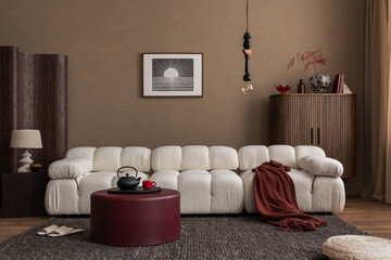 Interior design of modern living room interior with white boucle modular sofa, round coffee table,...