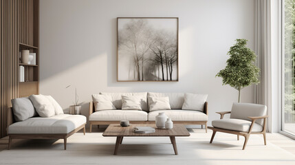 Fototapeta na wymiar modern living room sofa and tables with white walls generative ai