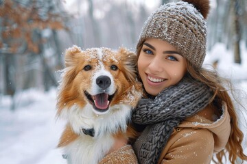 A joyful woman braves the winter chill, cradling her loyal furry companion while showcasing a stylish winter outfit, all while sporting a heartwarming smile amidst a snowy landscape