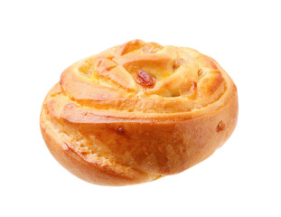 One delicious roll with raisins isolated on white. Sweet bun