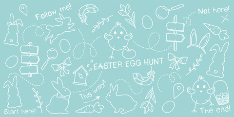 Easter egg hunt doodle set on a pastel green background, hand-drawn with a thin white line. An outlined sketch vector pattern with a children's theme for an Easter quest.