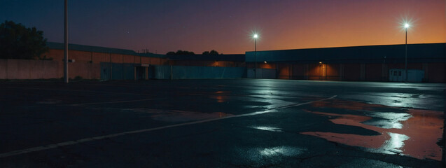 Abandoned parking lot with an empty asphalt surface, bathed in the glow of the night sky. - obrazy, fototapety, plakaty