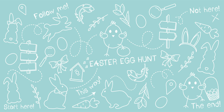 Easter egg hunt doodle set on a pastel green background, hand-drawn with a thin white line. An outlined sketch vector pattern with a children's theme for an Easter quest.