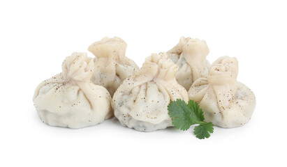 Tasty khinkali (dumplings) and spices isolated on white. Georgian cuisine