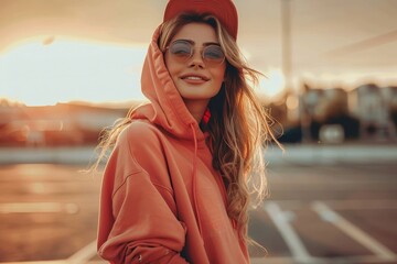 A fashionable woman exudes confidence and style as she smiles beneath the winter sky, her red hoodie, sunglasses, and scarf serving as bold fashion accessories on the bustling city street