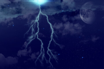 Ciel nuageux  de nuit avec éclair, foudre et lune