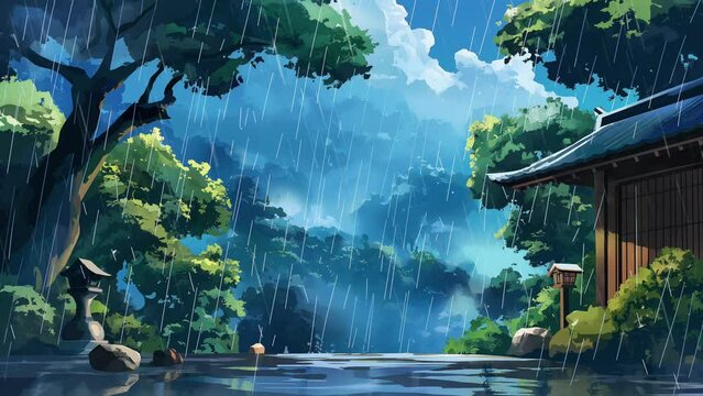 waterfall in the forest, rain in nature animation background