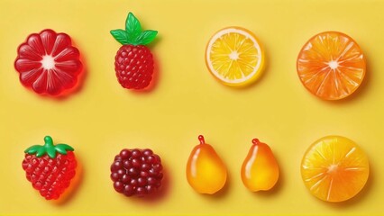 Colorful gummy candies. Soft gums in fruit shapes.
