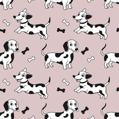 Obraz premium Seamless pattern with cute cartoon Dalmatian dogs on a light background. Vector illustration.