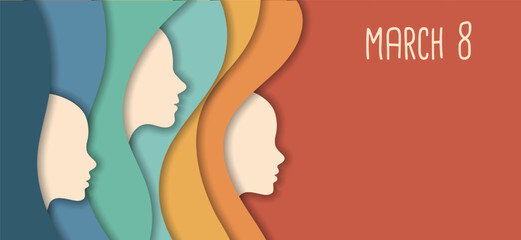Greeting card template for Women's Day March 8th. Female profile silhouettes with shadow, cut paper effect. Vector