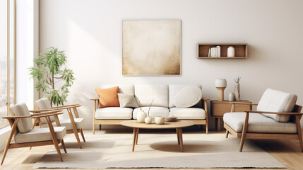 Fototapeta na wymiar living room with a modern white sofa with aesthetic white wall paint generative ai