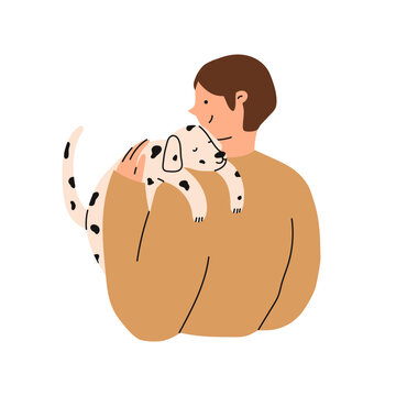 Man is holding a cute Dalmatian dog in his hands. Pet owner. Flat vector illustration.