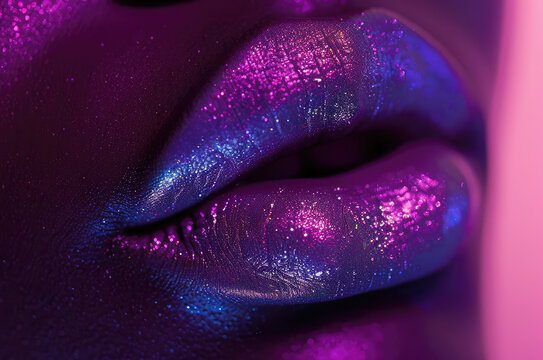 Close up, macro photo of female lips with shiny purple lipstick of woman with brown skin. Concept of make-up, cosmetics, skin care, beauty center
