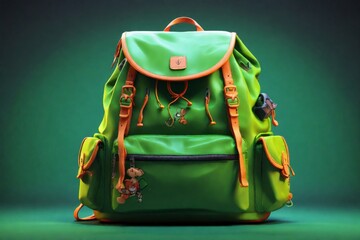 Light green backpack on a green background - obrazy, fototapety, plakaty