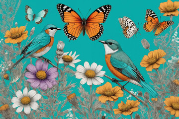 Hand drawn color blooming flowers, butterflies, birds on turquoise background. Generative Ai