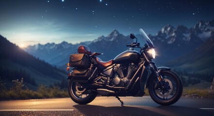 Motorcycle on the road in the mountains at night