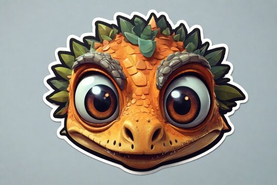 Sticker of a cartoon dinosaur face and big eyes