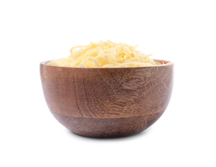 Tasty grated cheese in bowl isolated on white