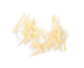 Tasty grated cheese isolated on white, top view