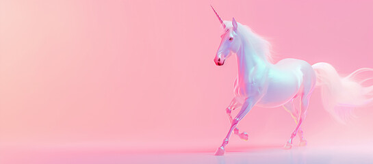 Beautiful fairy sparkling iridescent surreal unicorn running against pastel peachy color background. Y2k aesthetic. Fantastic wallpaper design. Copy space.
