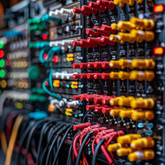 A close-up view of sound mixer console in a recording studio