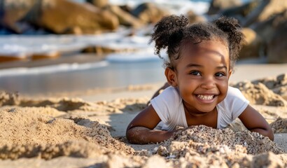 African child girl on the beach. Summer holiday concept. - obrazy, fototapety, plakaty