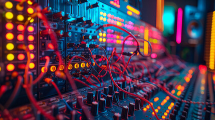 A close-up view of sound mixer console in a recording studio