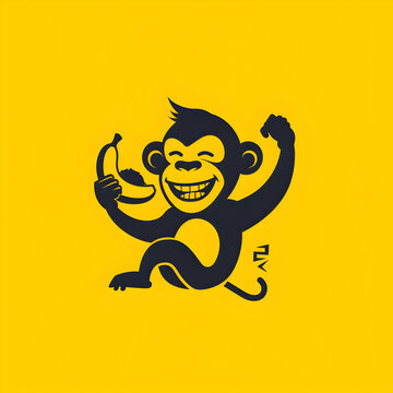 A logo illustration of a monkey with banana on yellow background.