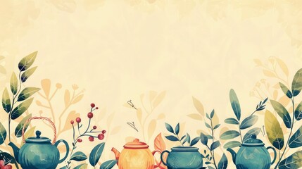 A background with illustrations of tea leaves, teapots, and tea cups. with text space