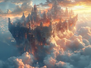 Skyborne Citadel floating on a cloud its spires reaching into different realms through portals - obrazy, fototapety, plakaty