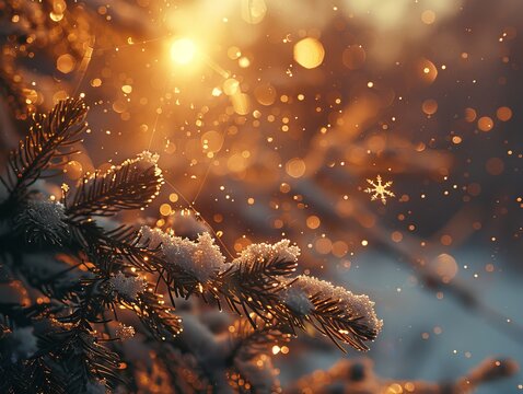 Snowflakes on an evergreen each needle tipped with ice crystals forming cytoskeleton filaments with the setting sun casting a soft glow