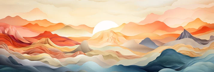 Foto op Canvas Wide panoramic watercolor drawing wallpaper of hill country mountain range landscape with mountain valley and bright evening sky and colorful clouds © Sudarshana